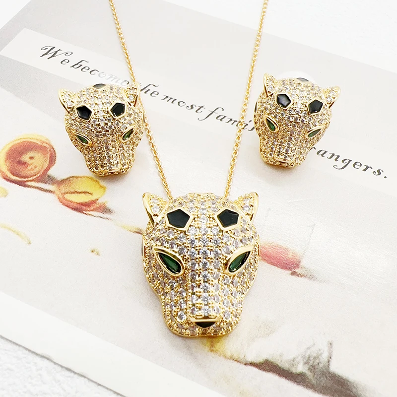 Lanruisha Simple copper animal black dot painted leopard head pendant and earring jewelry set classic party fashion jewelry