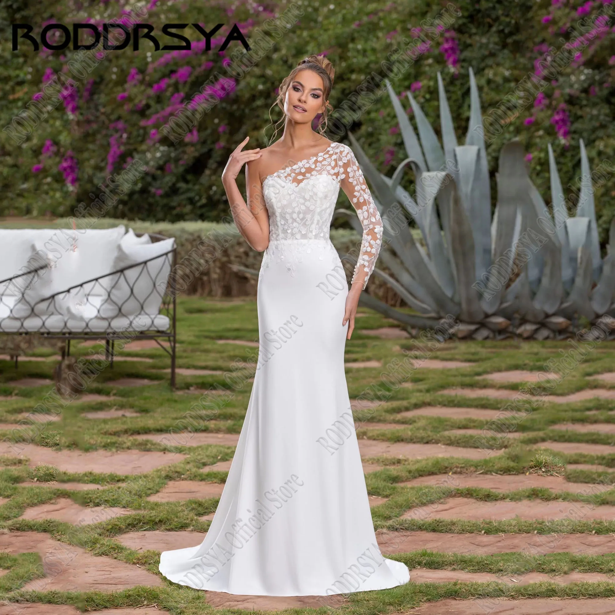 

RODDRSYA One Shoulder Mermaid Wedding Dress Long Sleeve V-Neck Lace Satin Elegant Bride Gowns Detachable Train Vestido De Novia