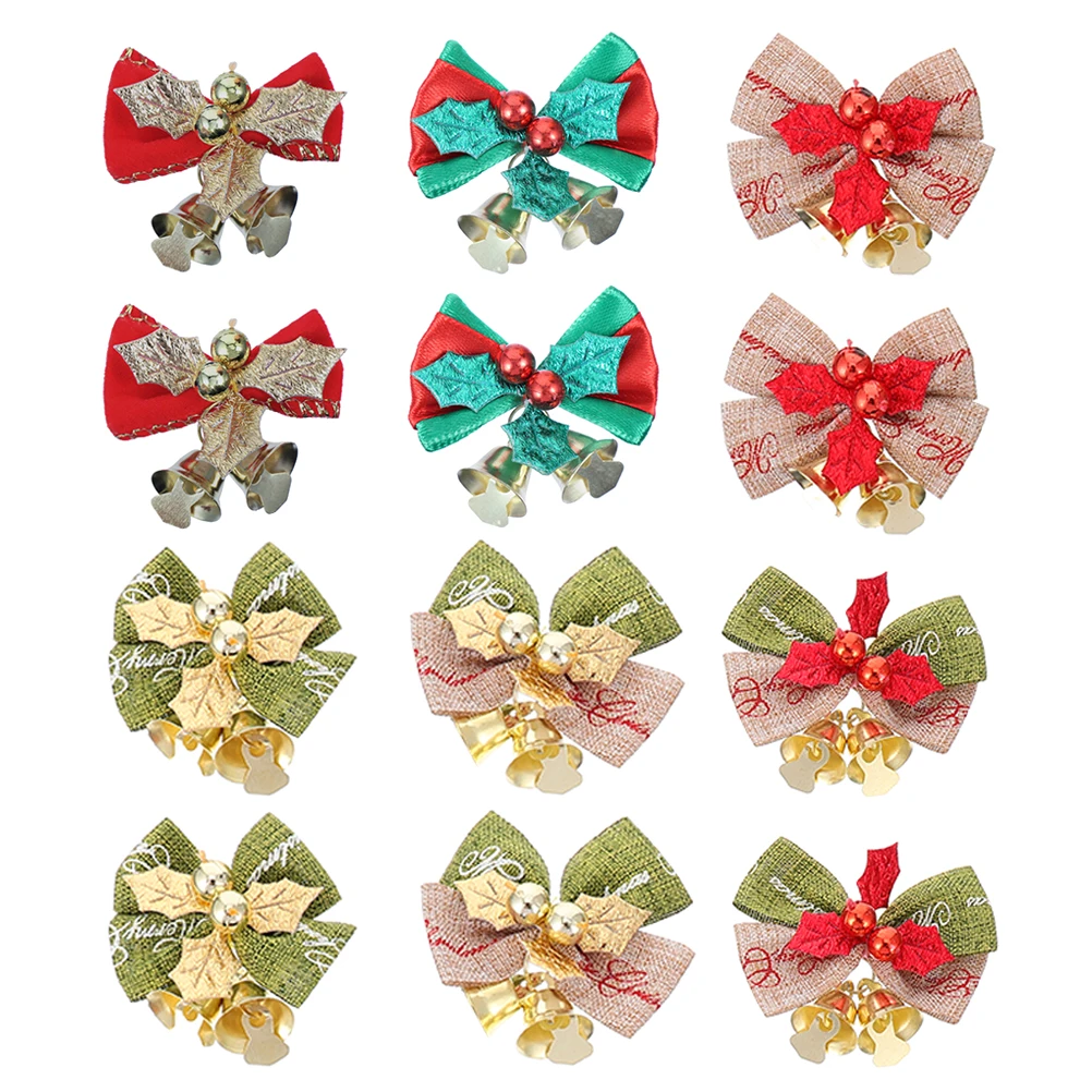 

12 Pcs Small Bell Bow Christmas Present Bows Mini with Bells Jesus Flocking Cloth