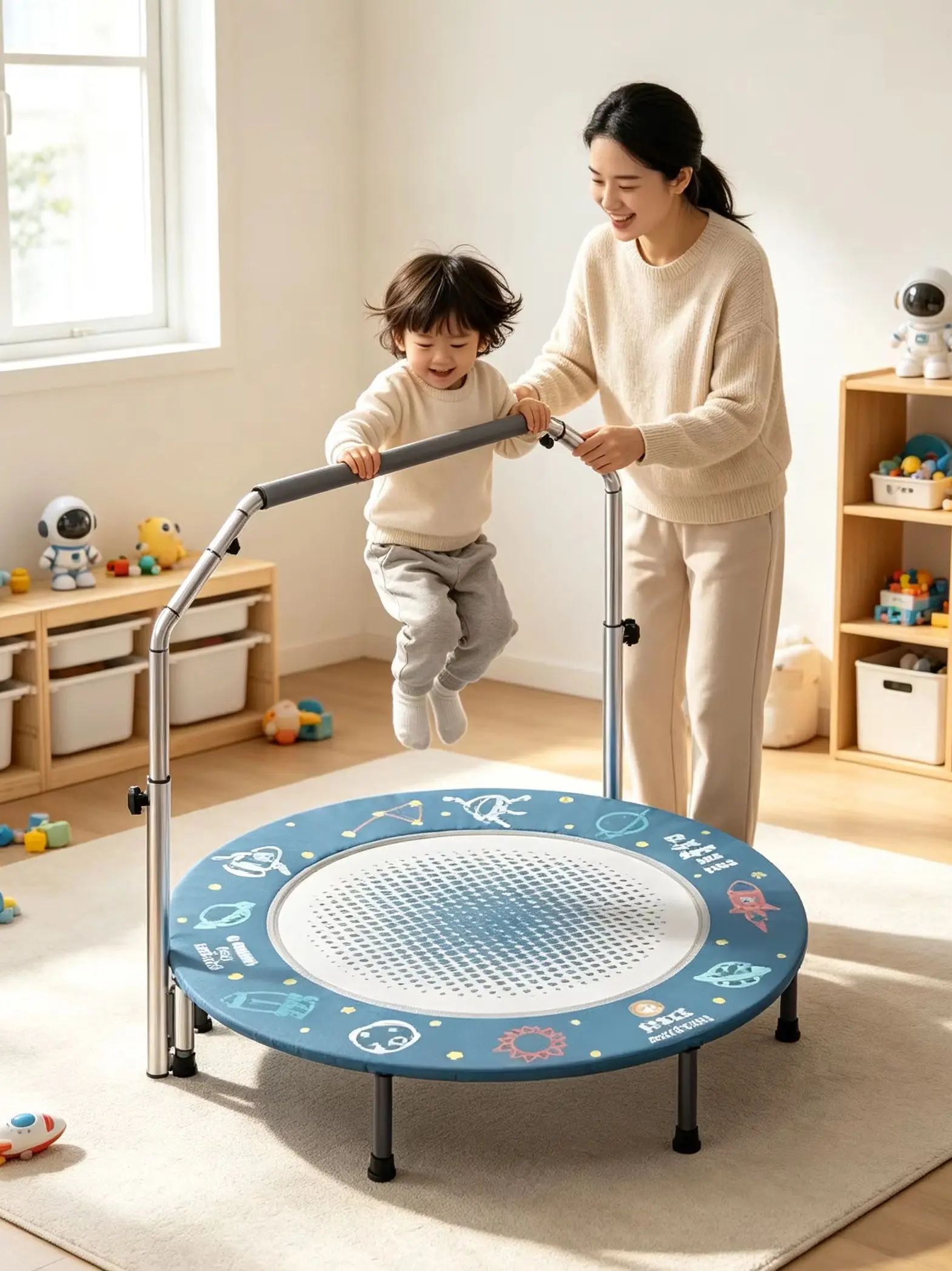 Space Cartoon Printed Kids Trampoline Adjustable Metal Handrail Round Indoor Toddler Fitness Jumping Rebounder