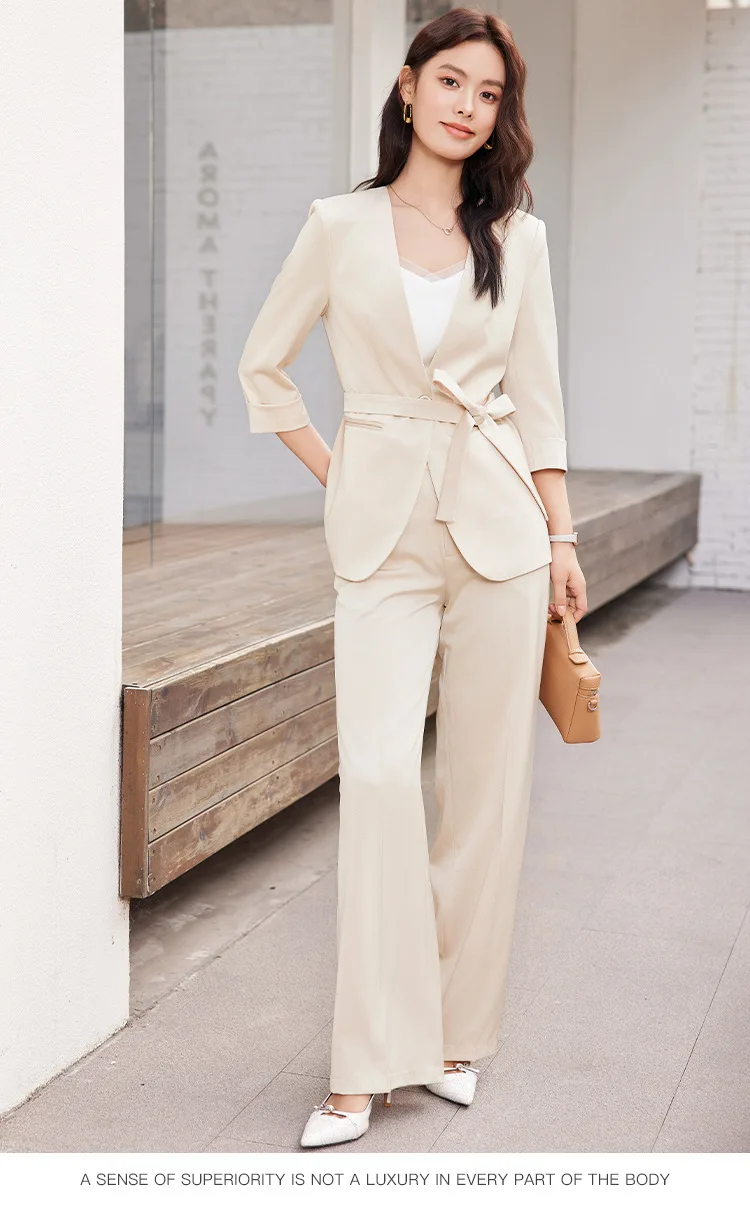 Light Pink Women Suit Pants Set 2 Piece Blazer+Trousers Cotton 3/4 Full Sleeves Jacket Formal Office Work Prom Dress Coat