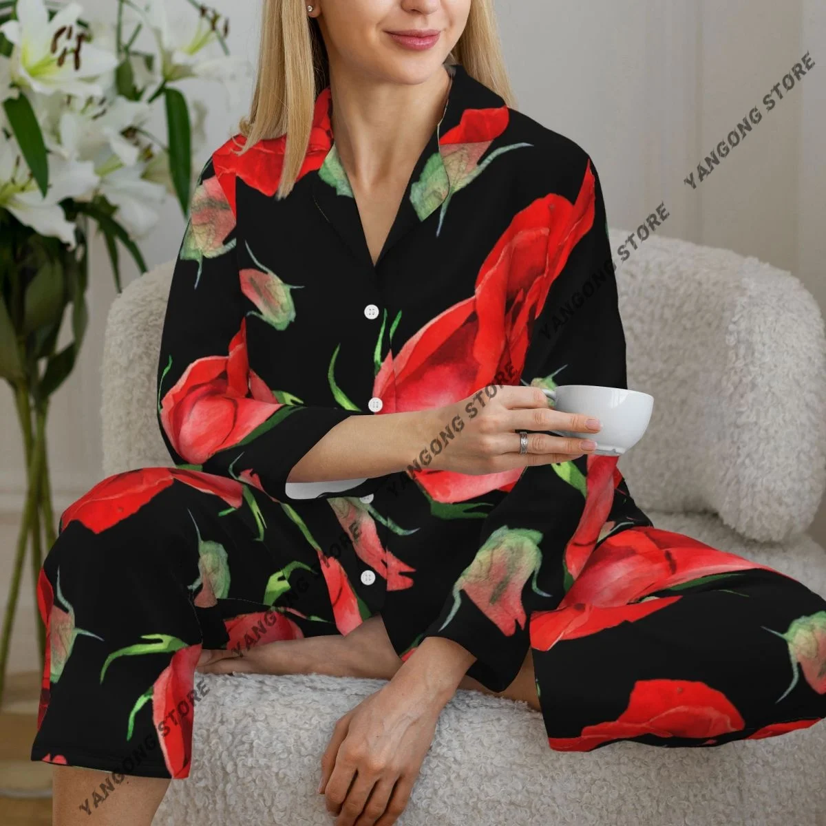 

Spring and Autumn Long Sleeve Pants Pajamas Loungewear Set Red Rose Flowers Women's Pull Edge Loose Sleeping Suit