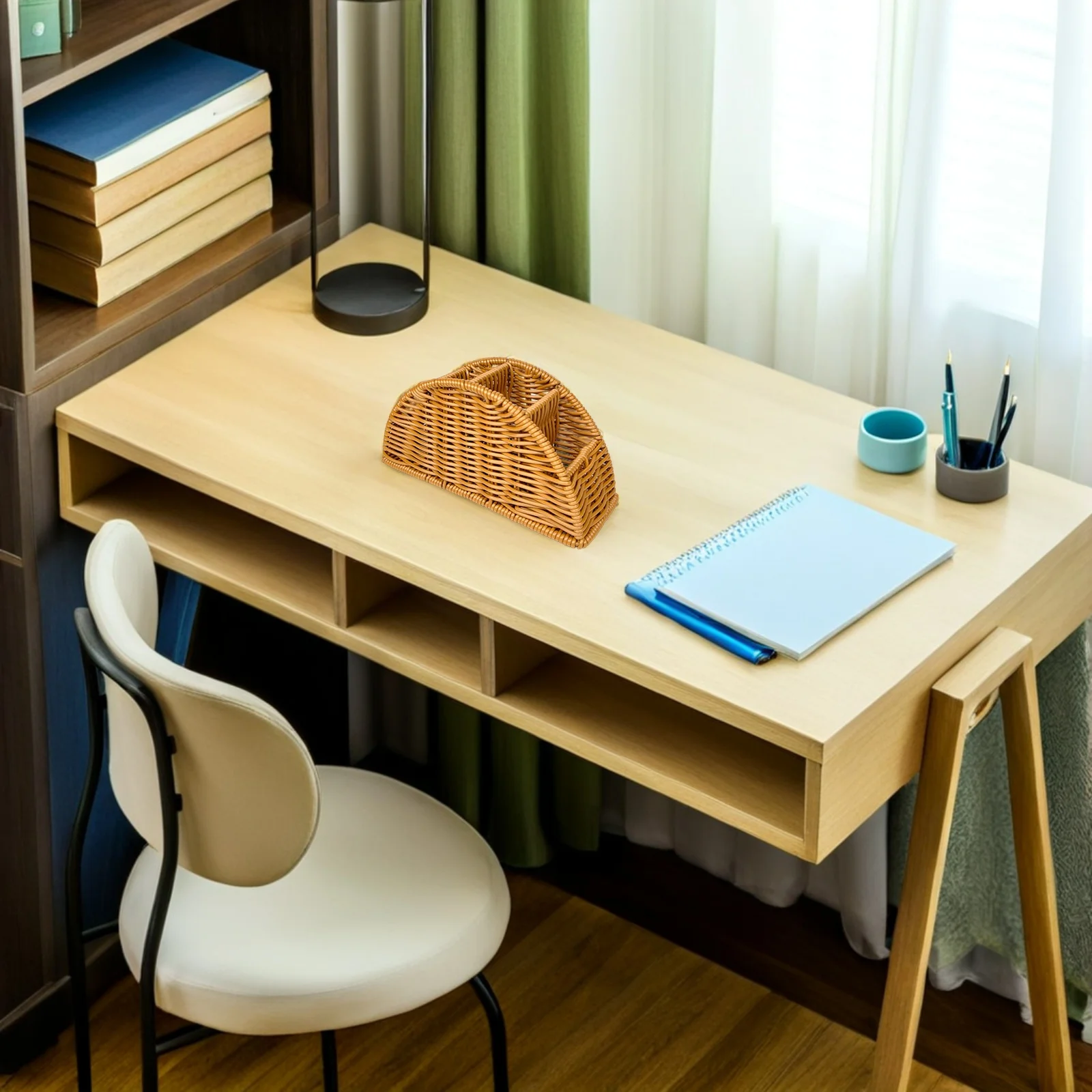 

4-Compartment Remote Control Holder Synthetic Rattan Desktop Organizer for Living Room Bedroom Desk Storage Box Pen Makeup Brush