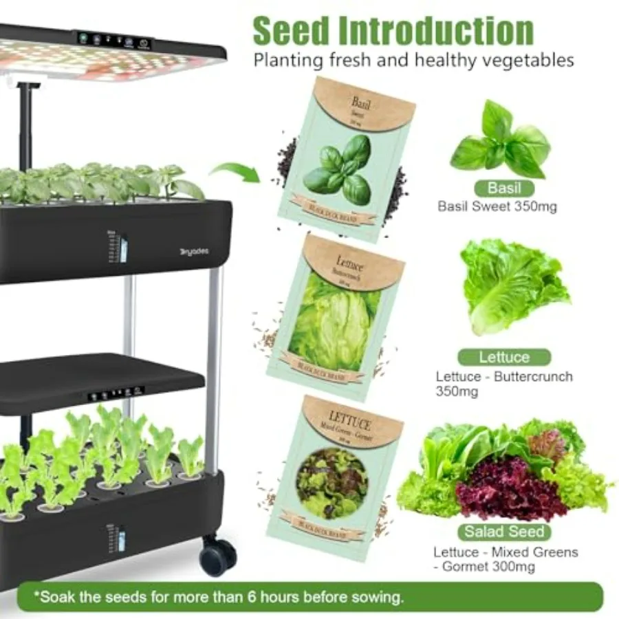 Indoor hydroponic growing system for home use, ABS plastic, white, 44-pod capacity with dual 53W full-spectrum LED and 10L wate