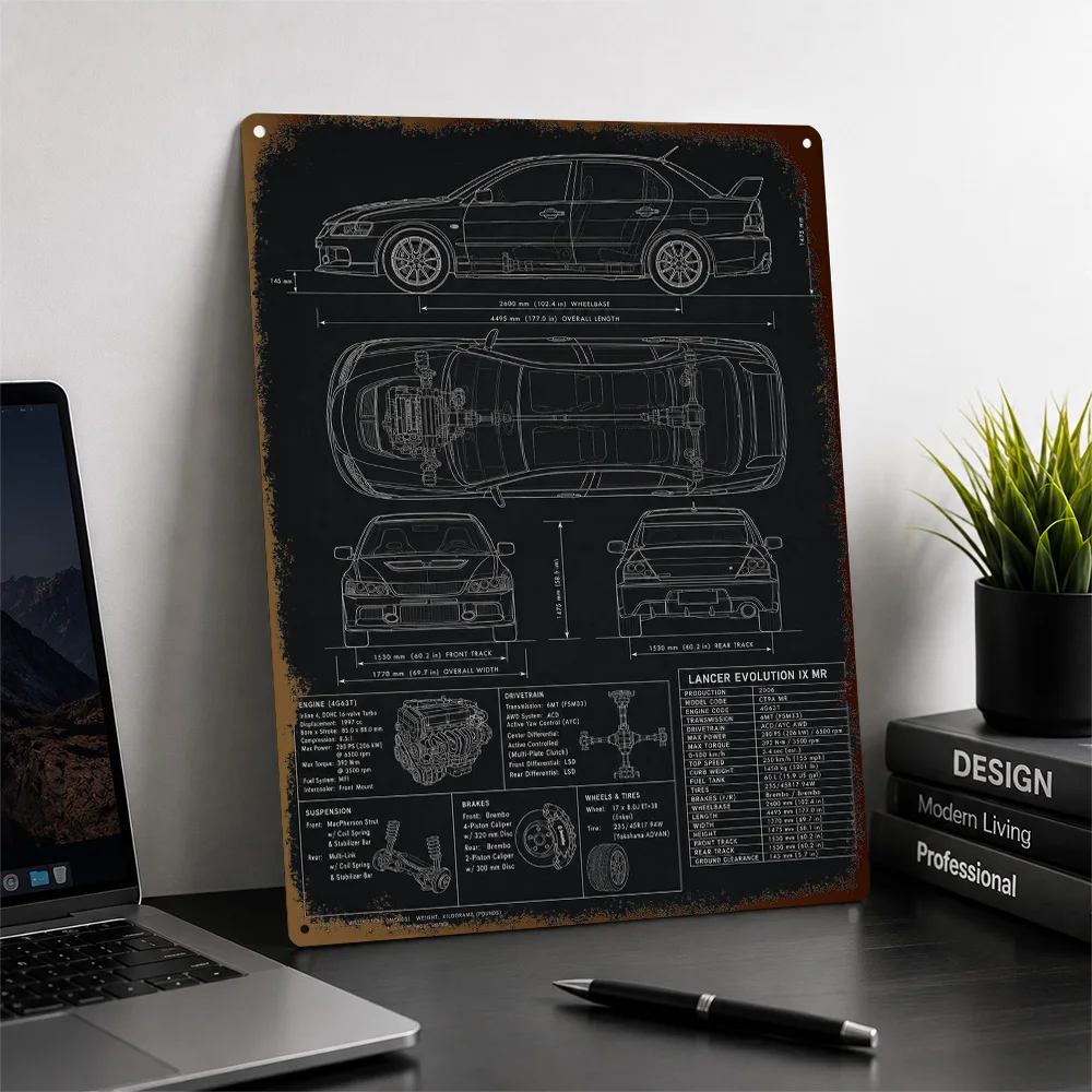 Japan Lancer Evolution IX MR Technical Blueprint Textured Poster Customized Metal Tin Sign Workshop Style Wall Art In Any Home