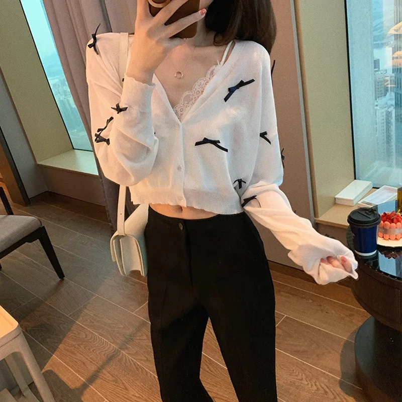 Thin Knitted Cardigan Women's Summer Ice Silk Hollow out Bridesmaid Outerwear Long Sleeve Button up Straight Cut Regular Length