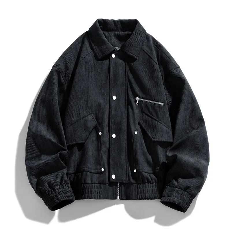 

2025 Man Cargo Coat Autumn Vintage Turn Down Collar Solid Color Male Outerwear Long Sleeve Pocket Zipper Soft Loose Men Jacket