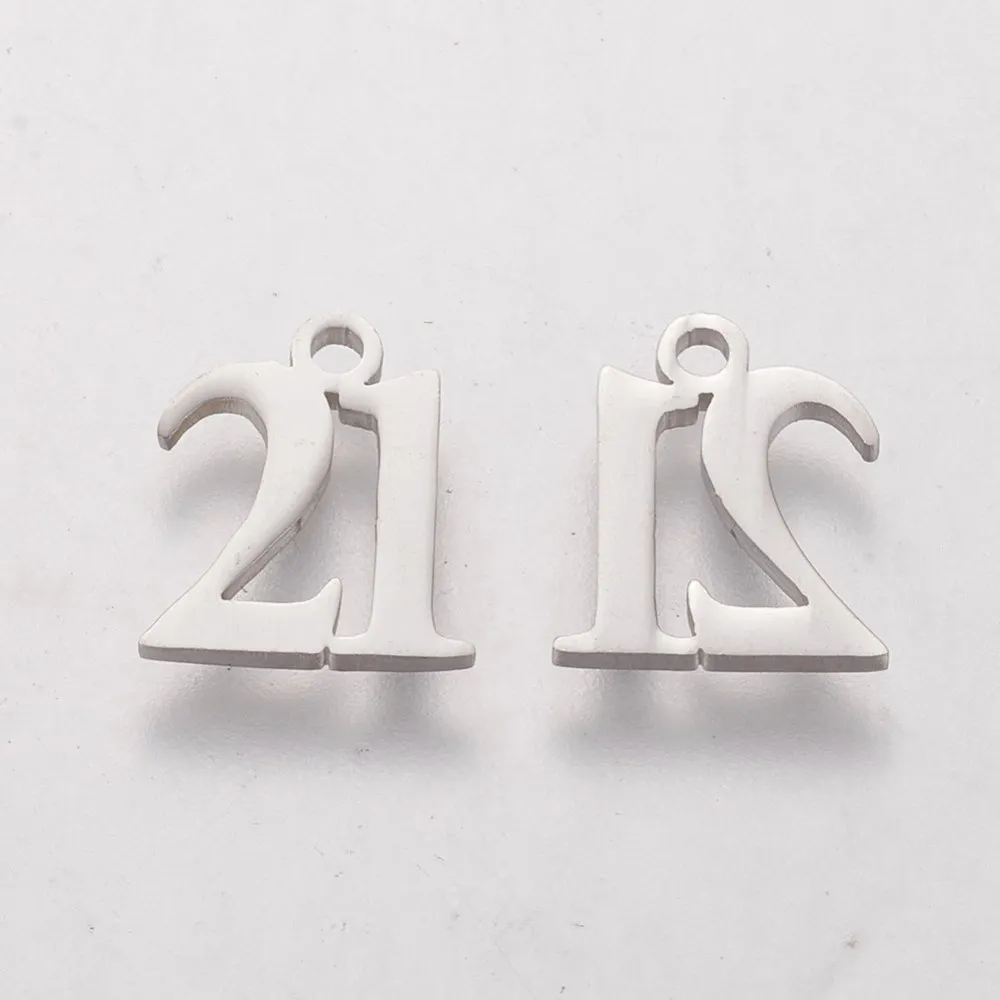 10Pcs 201 Stainless Steel Number Charms Number 21 Jewelry Findings Stainless Steel Color Pendant Charm for Necklace Bracelet
