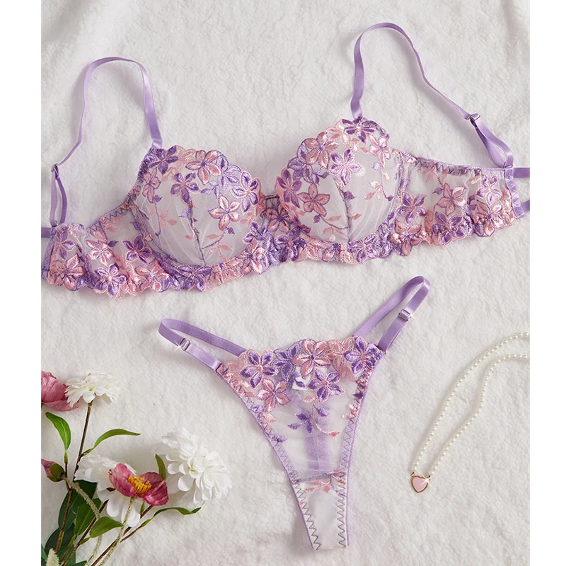 

Sexy Bra and Panty Set Tulle Underwear Transparent Lingerie Purple Floral Embroidery Erotic Set Fancy Sensual Luxury Lingerie