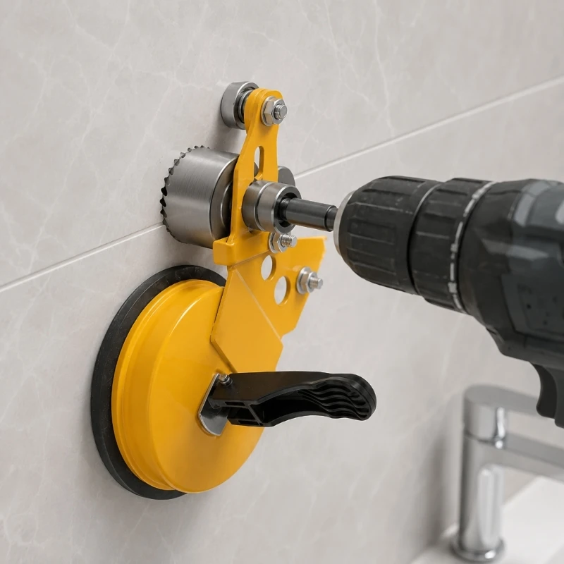 Tile Hole Guide Tool with Suction Cup Base, Metal Drill Aid for Glass Tile Alignment in Bathroom Kitchen Installations M4YD