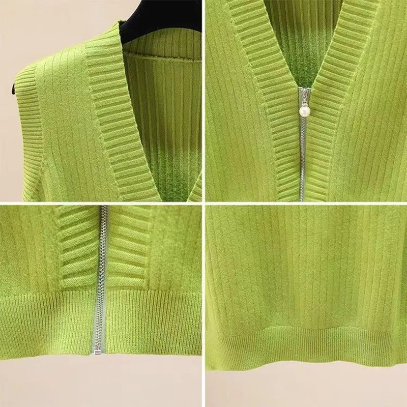 Sweter Rajutan Musim Gugur/Dingin Rompi Wanita Kardigan Kasual Ritsleting Mutiara Tanpa Lengan Atasan Crop Rompi Mantel 7 Warna