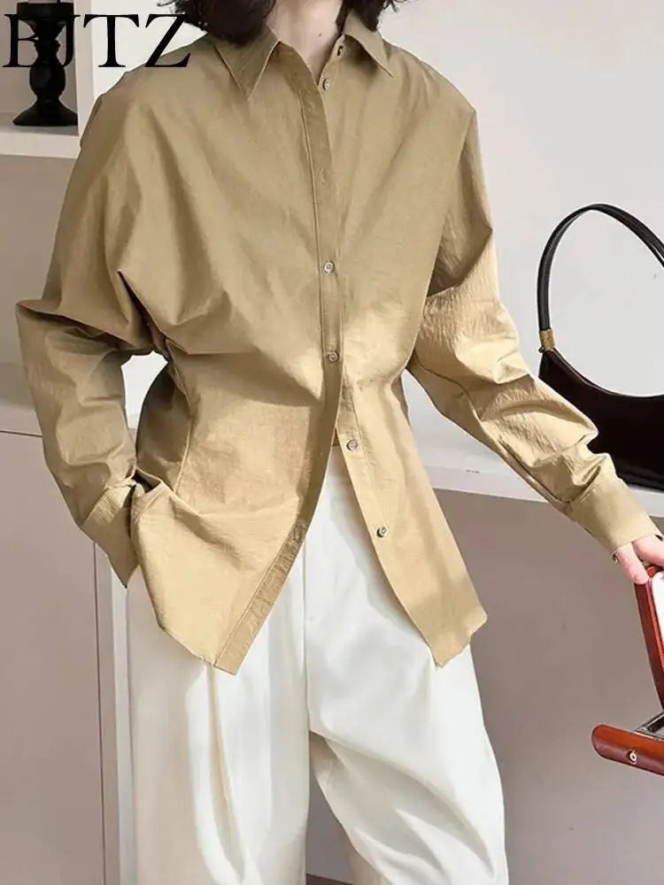 

BJTZ Solid Color Simple Waist Waist Blouse All-matching Women's 2025 Spring/summer New Waist Collar Long Sleeve Design Shirt