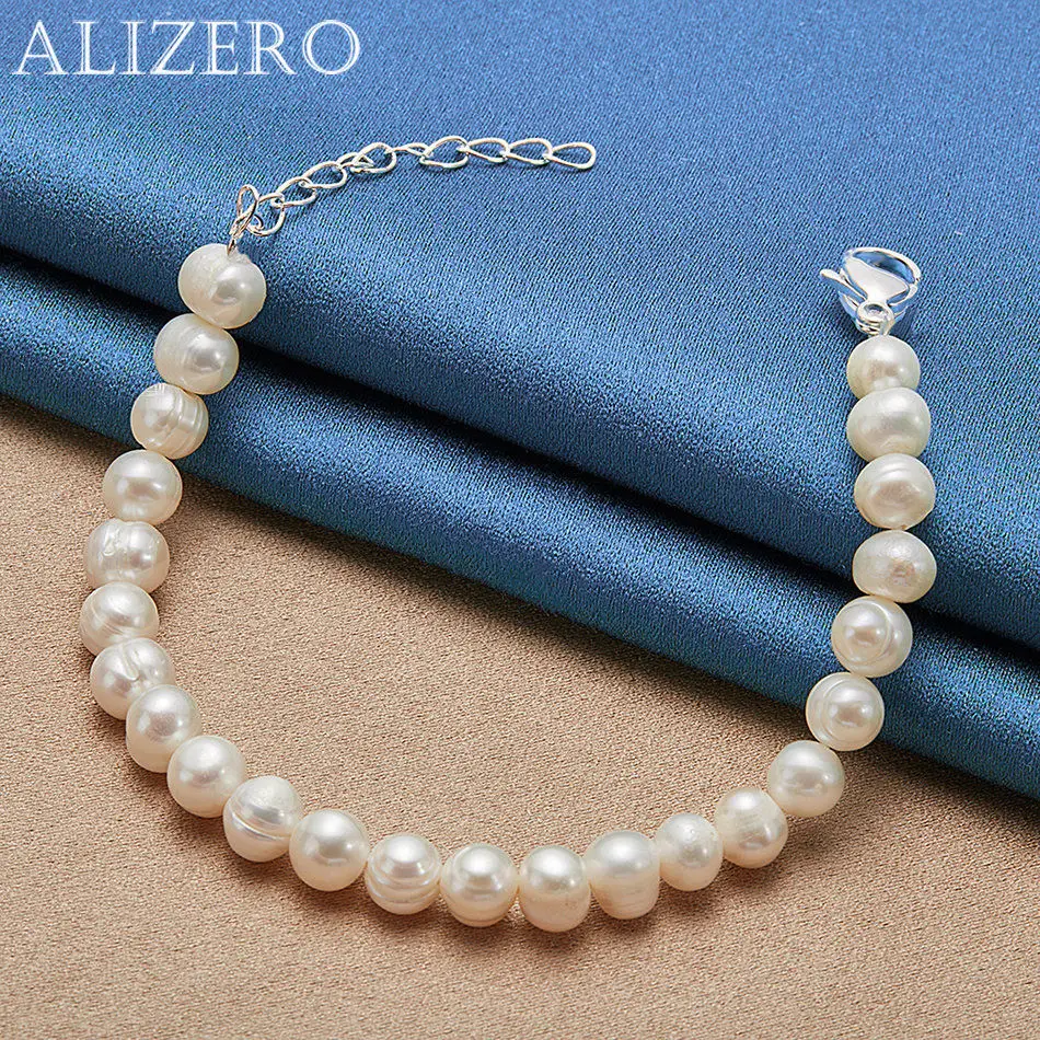 ALIZERO 925 Sterling Silver Bracelet 7-8mm Artificial Pearl Bracelets For Women Fashion Wedding Party Jewelry Gift