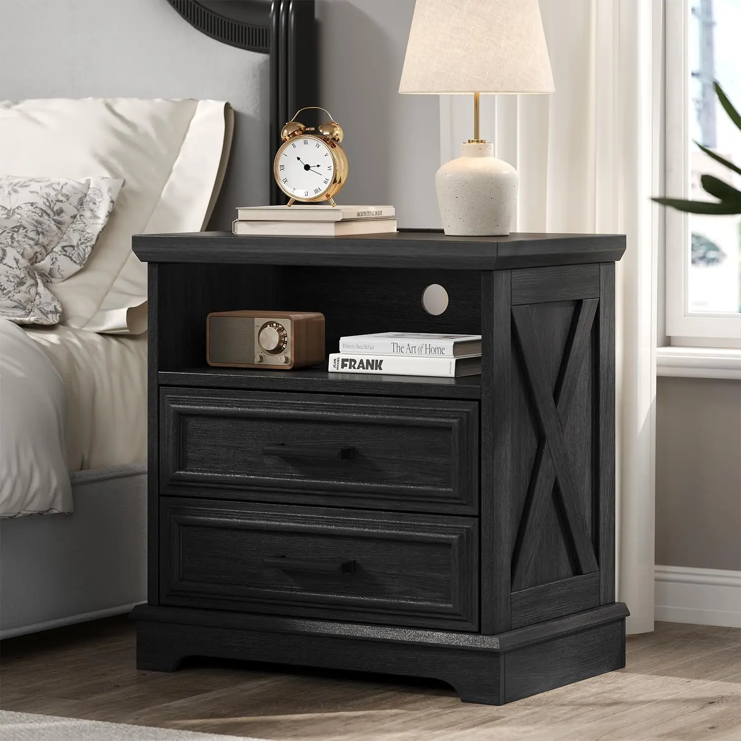 24 Inch Wide Farmhouse Nightstands Set of 2 with Charging Station, Dark Gray Nightstand with 2 Large Drawers, Rustic
