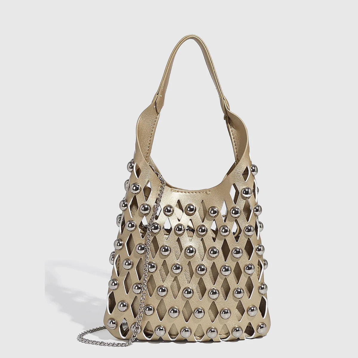 Trendy Medium Leather Hobo Bag with Metallic Studs + Small Geometric Cut-out Coin Pouch - Fashion Shoulder Bag Set