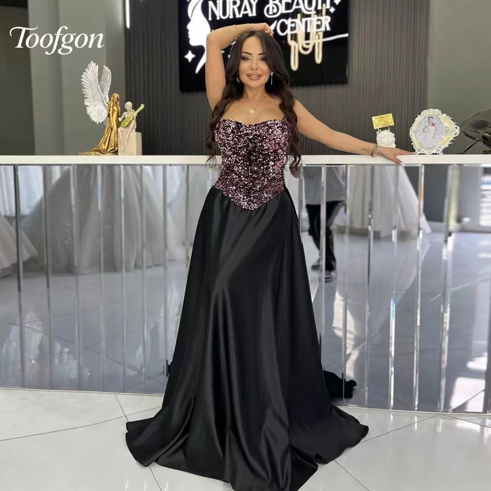 

Toofgon Sequins Satin A Line Black Evening Dresses Customized Sweetheart Formal Occasion Party Prom Dress Red Carpet Gowns
