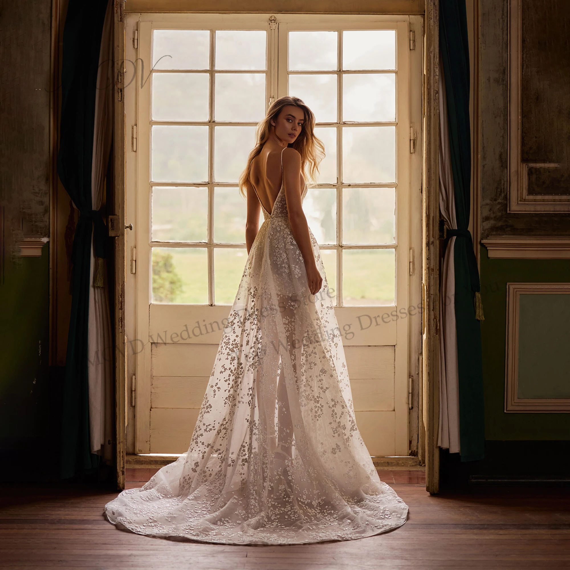 Backless Wedding Dress Detachable Tulle Skirt Customized Deep V Neck Spaghetti Straps Sequined Applique Straight Bridal Gown
