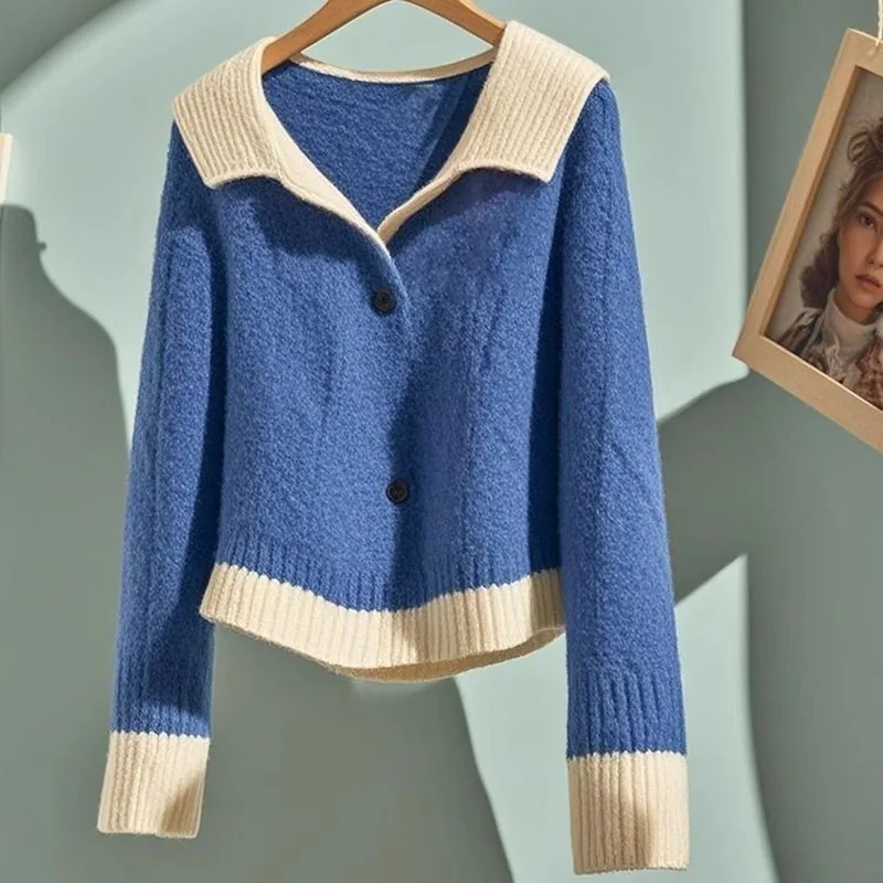 

2025 New Autumn Winter Lapel Sweater Women Cardigan Wear Long Sleeve knitted Jacket Female Casual Wild Blue Sweaters Ladies Tops