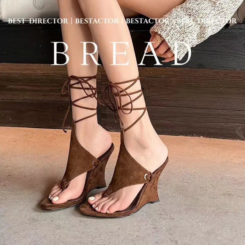 

Женские замшевые сандалии на танкетке со шнуровкой, с открытым носком и ремешками на щиколотке, для лета, пляжа, уличного стиля, фестивалей и повседневных модных образов