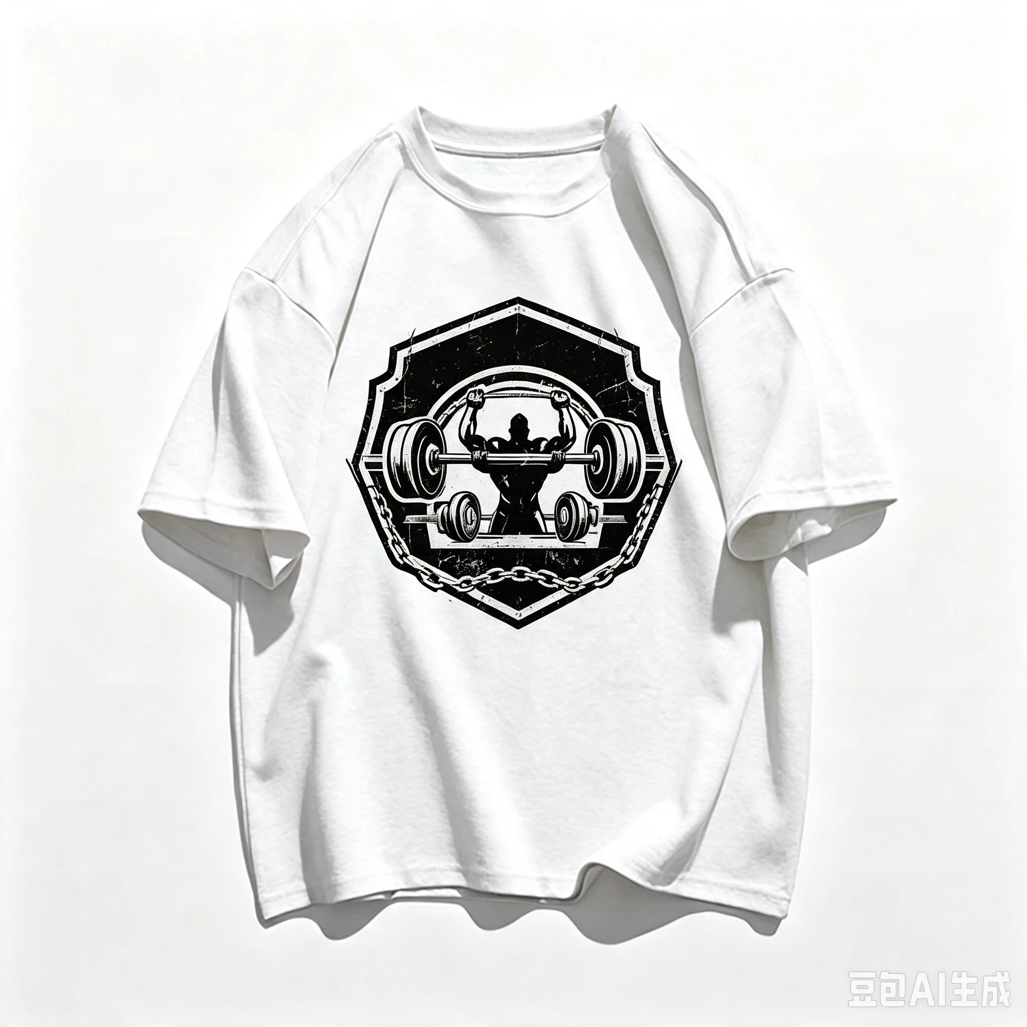 Men Retro Fitness Gym T‑Shirt Weightlifter Barbell Badge Print Casual Short Sleeve Top