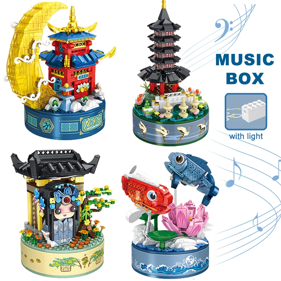 

Creative Music Box Architecture Building Blocks With Light Chinese Ancient Style Moon Palace Carp Micro Assemble Bricks Toy Gift