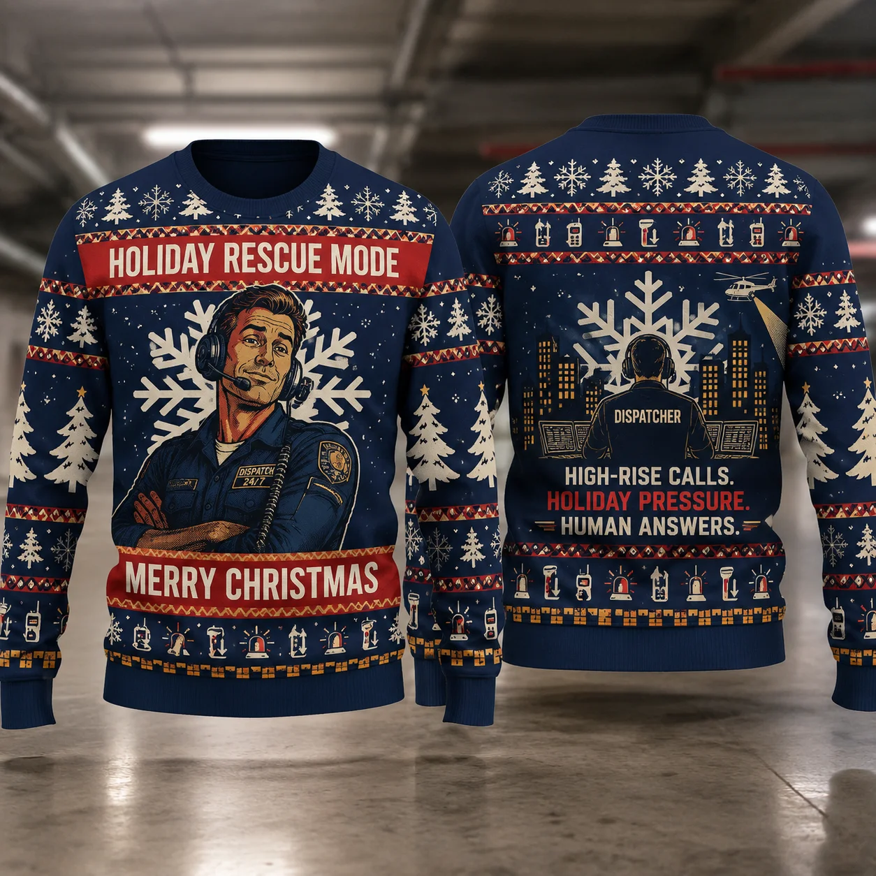 Ugly Christmas Sweater Building Maintenance Hero Crewneck Sweatshirt Polyester 3D Print Night Shift Holiday Pullover Gift