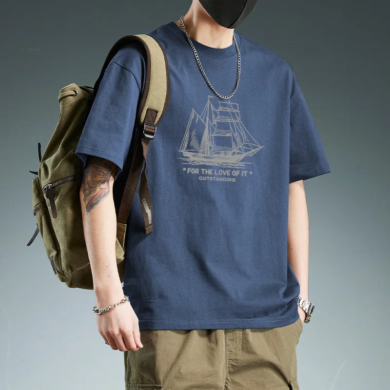 

Sailboat Print Men's Casual T-Shirt For Daily Wear With Vintage Design And Breathable Fit