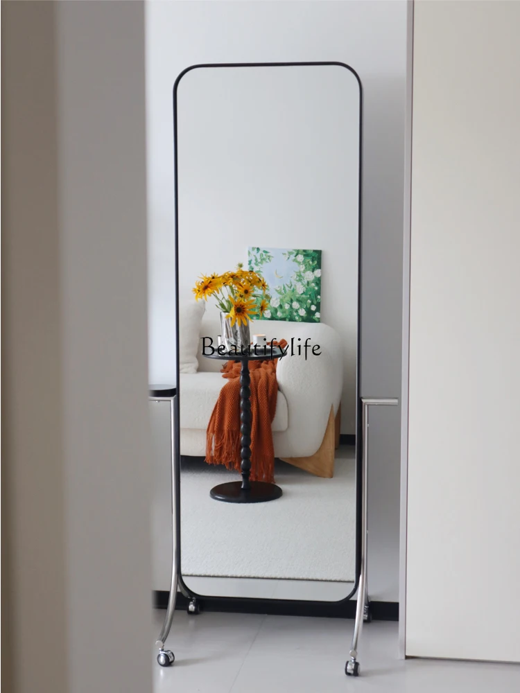 01Full-length mirror living room rotating floor mirror household light luxury black solid wood storage magazine rack