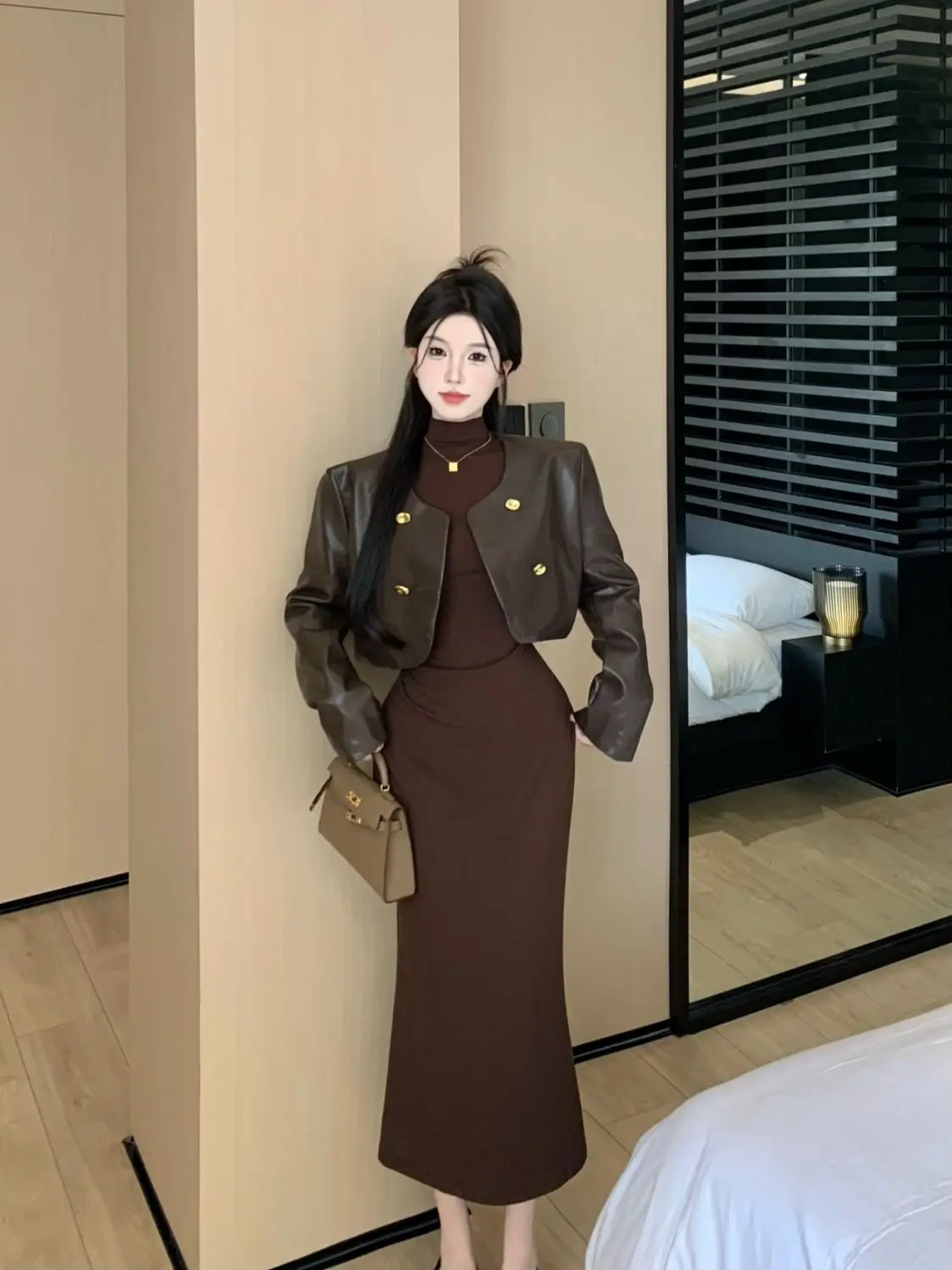 Pure Desire Style Two-Piece Set Loose Long-Sleeved Leather Short Jacket Turtleneck Dress Women Spring Autumn New Slimming Suit