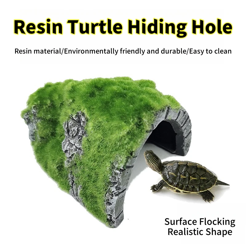 Betta & Cichlid Fish Tank Aquarium Decoration Rocks Hideout Cave, Axolotl & Frog Resin Hideaway Tank Decor Ornament with Moss