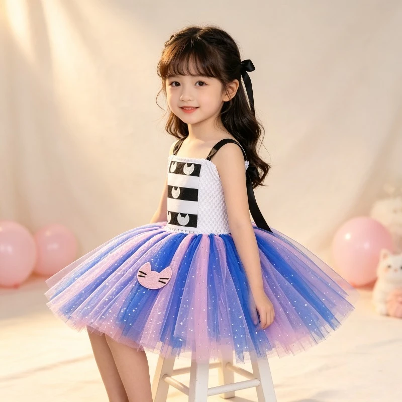 Lindo vestido de cosplay de dibujos animados de gato brillante, traje de tutú de animalito para cumpleaños, fiesta de Halloween, ropa de disfraz, ropa de baile