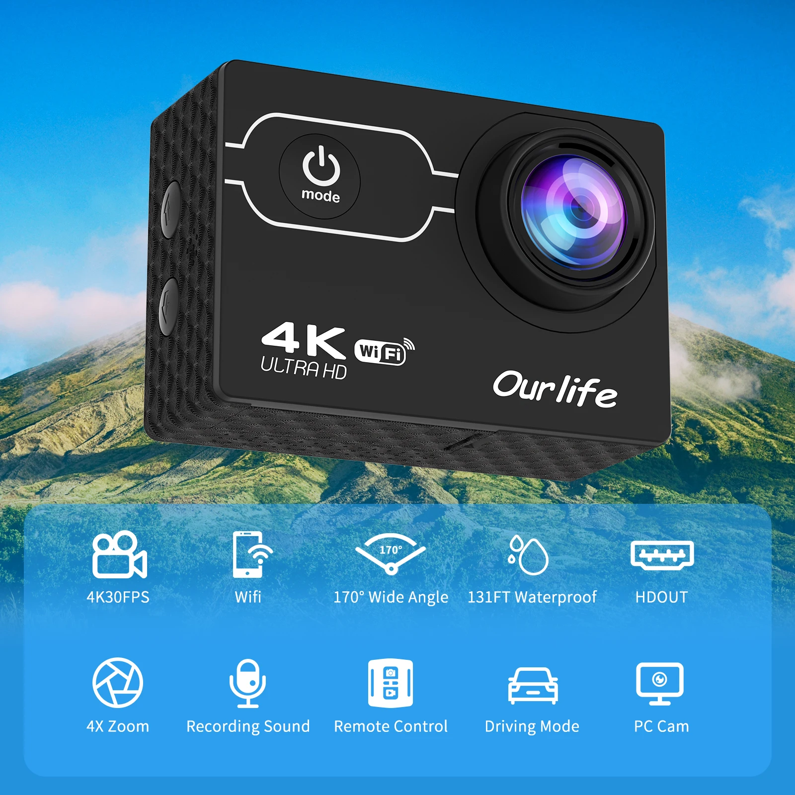 4K Action Camera Ultra HD WiFi 2.0-inch Screen 30M Waterproof Sports Video Action Cameras Bicycle Helmet Camera with 3 Battery