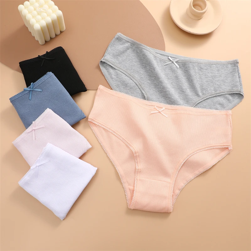 FINETOO 3PCS Women Cotton Underwear Sexy Lace wavy Waist Briefs Female Solid Color Breathable Lingerie Stretch Intimates Panties