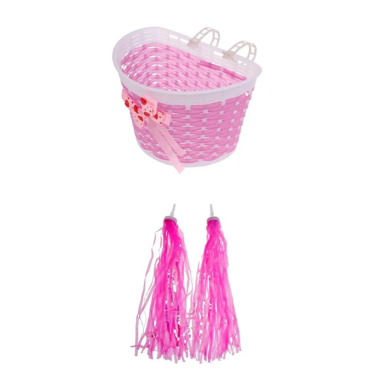 Easy Mount Bicycle Front Basket with Pink Streamers Handlebar Grips for Children Kids Scooter Decor