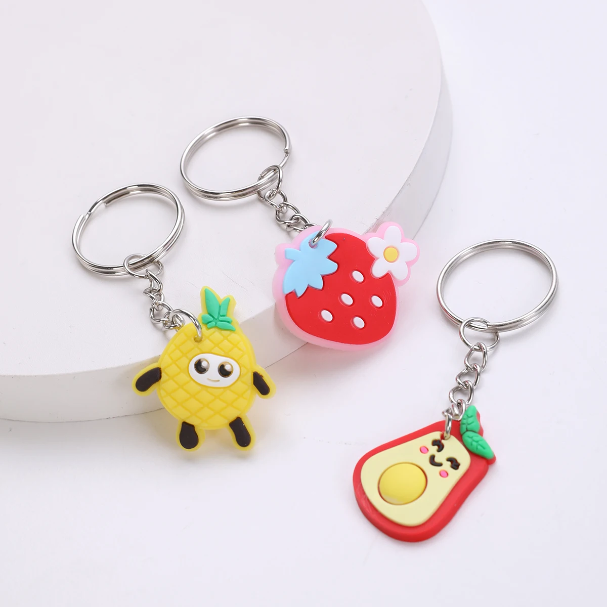 16pcs Cartoon PVC Fruit Design Keyring  Cute Strawberry Pattern Pendant Keychain Decor Purse Bag Charms Decoration For Car Bag