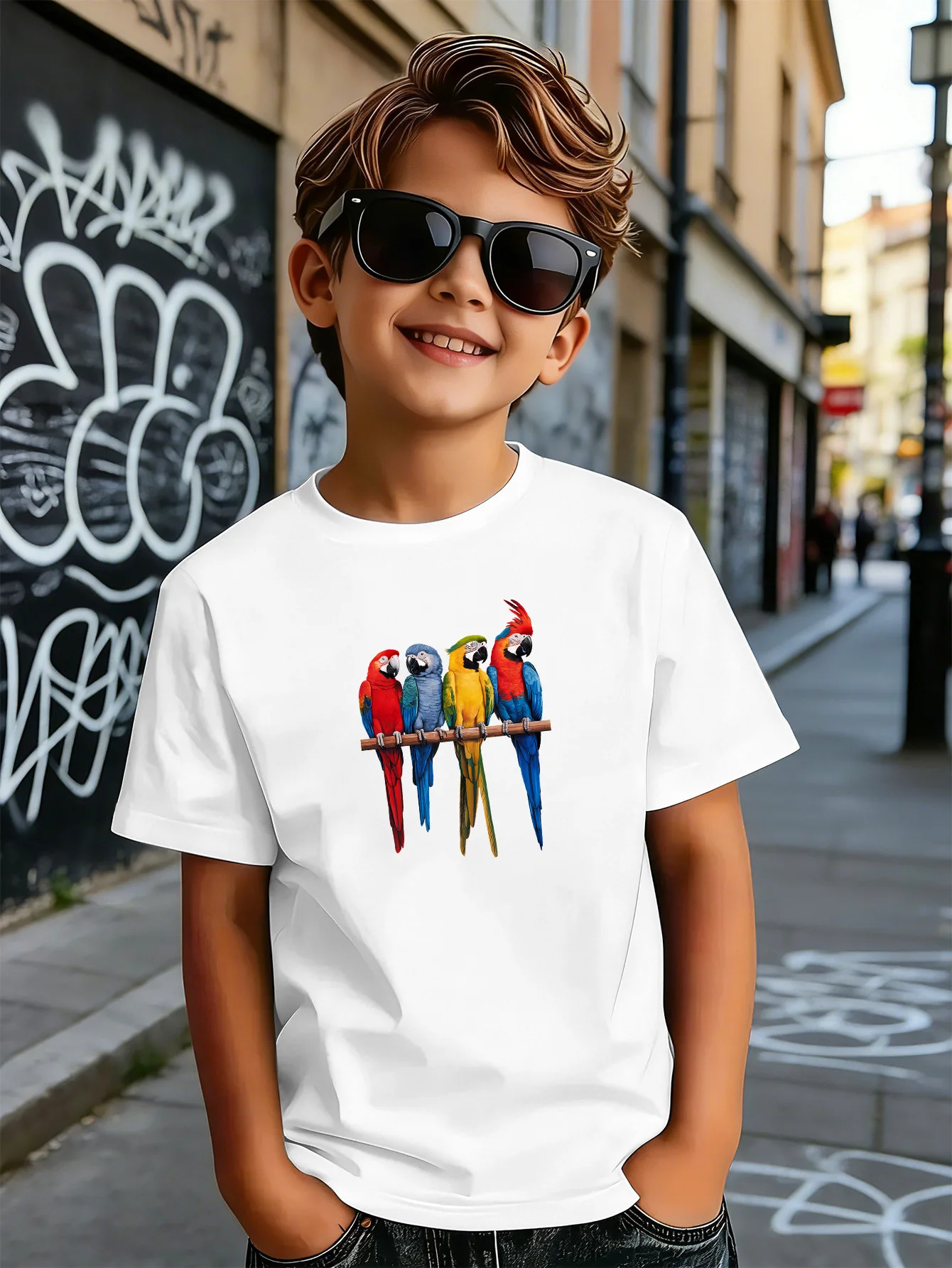 Vibrant Four Macaw Parrots On Branch Print Boys Girls Family Matching Cotton Short Sleeve Crew Neck Soft Summer Kids Casual Tees