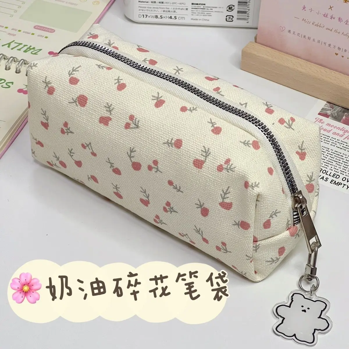 INS Cream Floral Large Capacity Pen Pencil Case Aesthetic Pencil Pouch School Supplies Bag Organizer Cute Stationery PencilCase