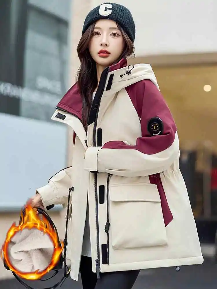 

Women's Winter Thickened Fleece Lined Oversized Mid-Length Hooded Bomber Jacket Trendy Color Block Design Cotton Outerwear