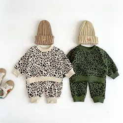 Autumn Infant Outfits Cute Toddler Boy Fashion Leopard Sweatshirt Suit Girl Cotton Print Casual Long Sleeve Tops + Pants 2pcs