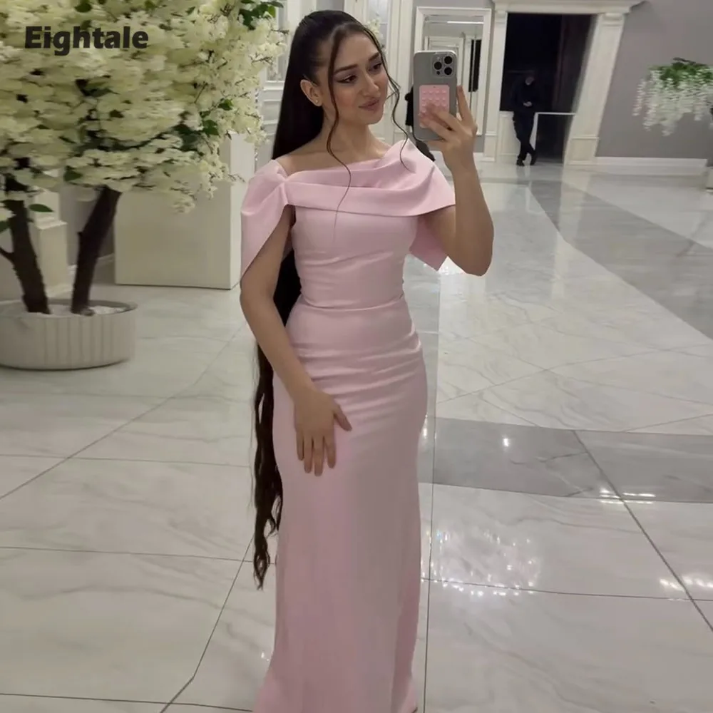 Eightale Arabic Evening Dress Scoop Customized Satin Pink Floor Length Pleats Mermaid Prom Wedding Party Gowns