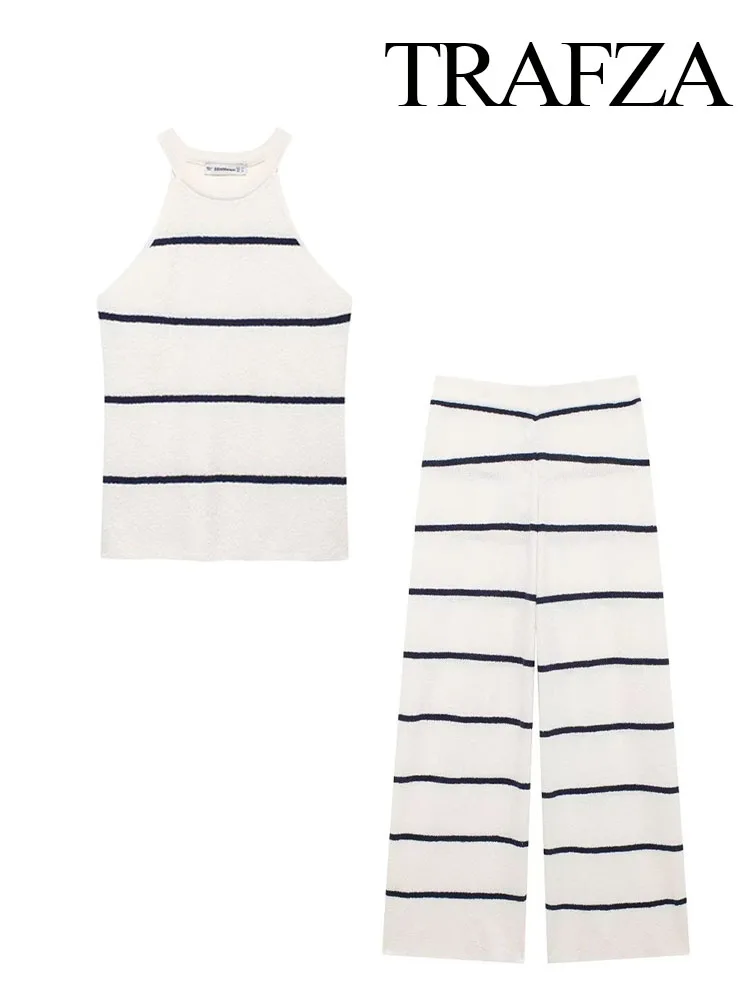 TRAFZA Female Summer Sets Stripe O-Neck Sleeveless Sweater Vest Tops+High Waist Elastic Waist Wide Leg Pants Women Fashion Suit