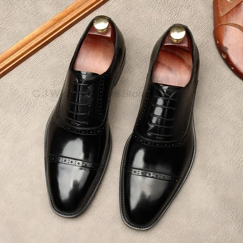 HKDQ Luxury Men Oxford Shoes High Quality Classic Style Dress Leather Shoes Coffee Black Lace Up Pointed Toe Formal Shoes Men