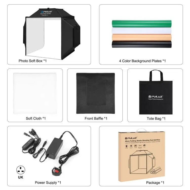 PULUZ 40 cm Opvouwbare 72 W 5500 K Studio Schieten Tent Soft Box Fotografie Verlichting Kit met 4 Kleuren Achtergronden zachte Lichtbak