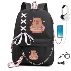 Modny plecak szkolny dla nastolatków plecak śliczny pączek kapibara uczniowie tornister dla dzieci Anime Cartoon Bag pack torba z portem Usb