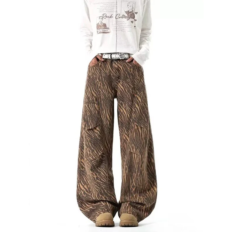 2026 New Autumn Tiger Striped Denim Pants Fashionable Casual Low Waisted Wide Leg Jeans With Pockets Hot Sale