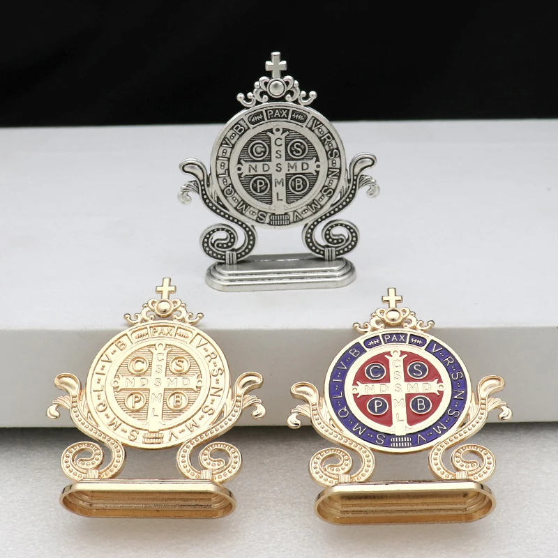 St. Benedict Cross Craft Ornament Enamel Metal Saint Benedict Statue Car Home Office Table Decoration Religious Blessing Decor
