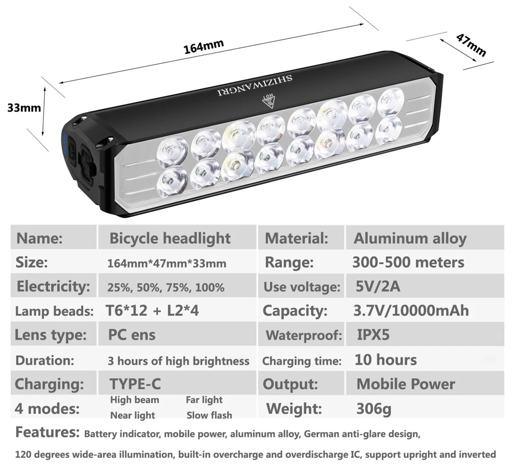 SHIZIWANGRI 10000mAh Bike Light MTB Front Lamp C-type Charging 16 LED 6000LM  Highlight Bicycle Light Waterproof Headlight