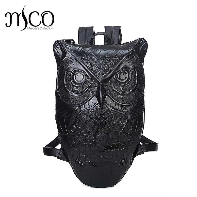 2022 Women Man hop trend Backpack Cool Black PU Leather 3D Graphic Embossed Owl Backpack Female Hot Sale Women Bag