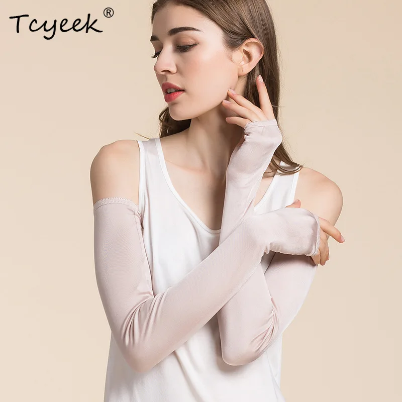 Tcyeek 100% Silk Summer Extended Sun Protection Long Sleeved Women Knitted Thin Comfortable Breathable Ice Arm Gloves A41345QC
