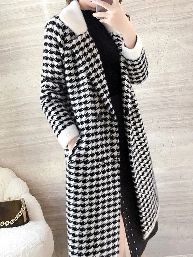 Women  Houndstooth Mohair Cardigan Autumn Mink Fur Slim Plaid Knitting  Jacket